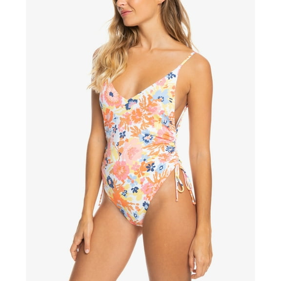 Roxy Juniors One Piece Swimsuit Bathing Suit Side Tie Cinch White Floral S L New