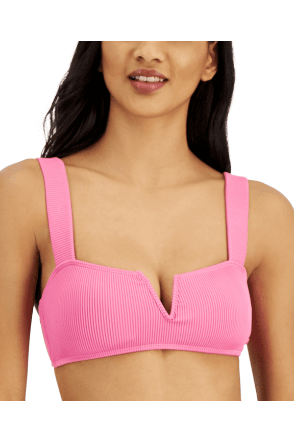 Juniors Bikini Top Swimsuit V Cut Ribbed Padded Stretch Swim Pink New