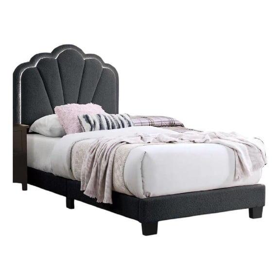 Roxy Twin Bed-Charcoal Gray Wool-LED Lighting-Padded Headboard