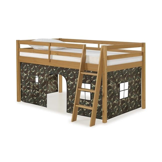 Cinnamon Pine Twin Loft Bed with Green Camouflage Tent