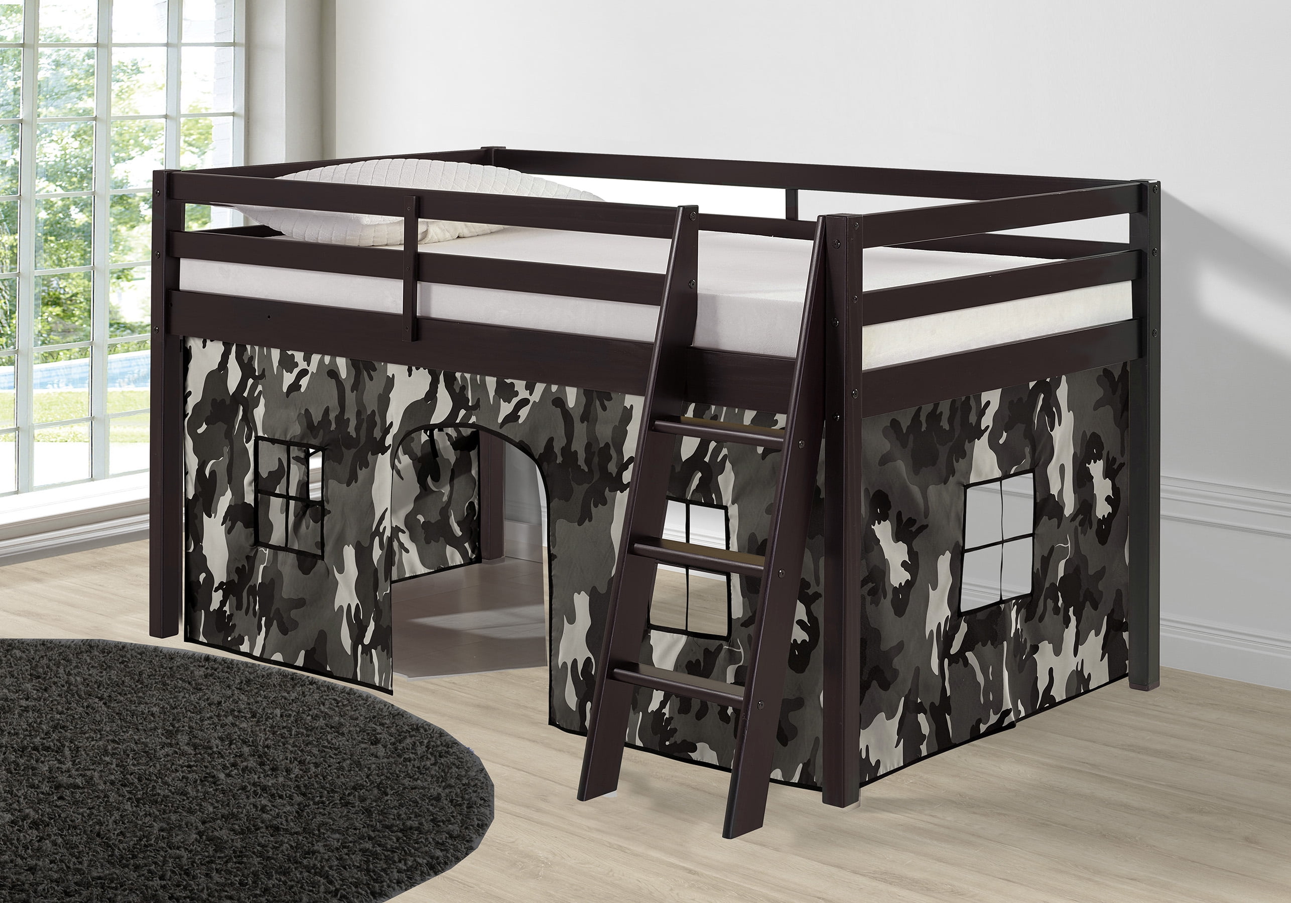 Roxy Twin Wood Junior Loft Bed with Espresso with Gray Camo Bottom Tent Walmart