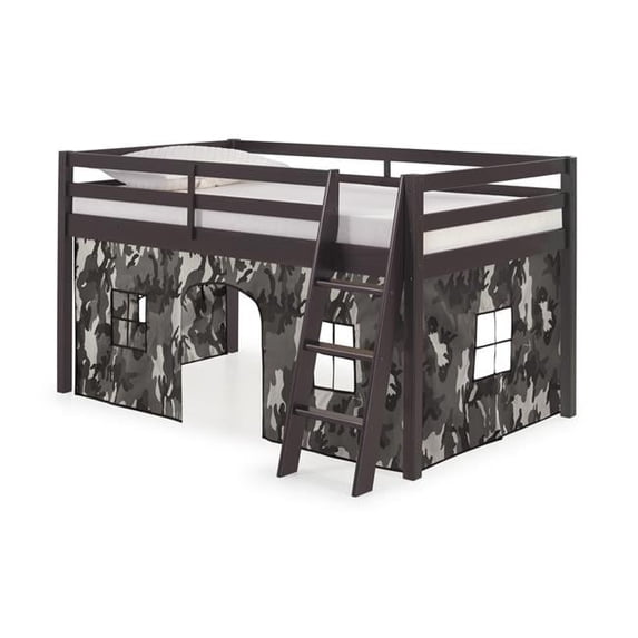 Roxy Twin Wood Junior Loft Bed with Espresso with Gray Camo Bottom Tent