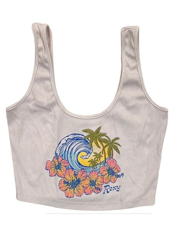 Women's Always Salty Cropped Ribbed Tank Top Tee T-Shirt (X-Large, Beige)