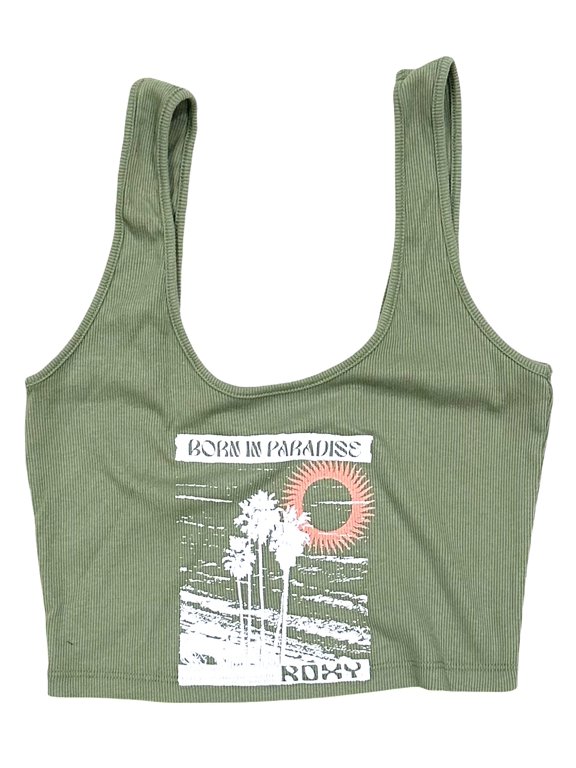 Women's Born In Paradise Cropped Ribbed Tank Top Tee T-Shirt (Large, Oil Green)
