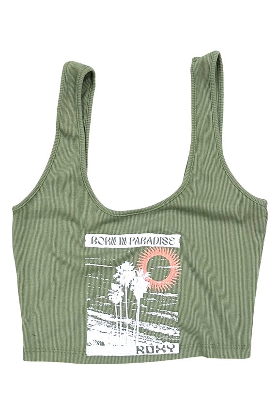 Women's Born In Paradise Cropped Ribbed Tank Top Tee T-Shirt (XX-Large, Oil Green)