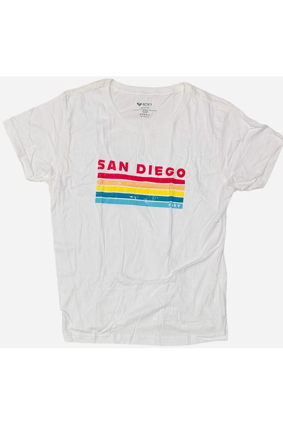 Women's Distressed Graphic San Diego Location Relaxed Boyfriend Tee T-Shirt (Large, White)