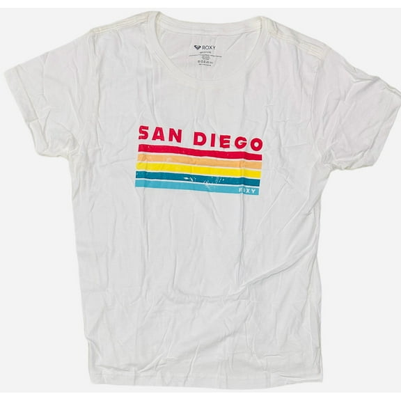 Roxy Women's Distressed Graphic San Diego Location Relaxed Boyfriend Tee T-Shirt (Large, White)
