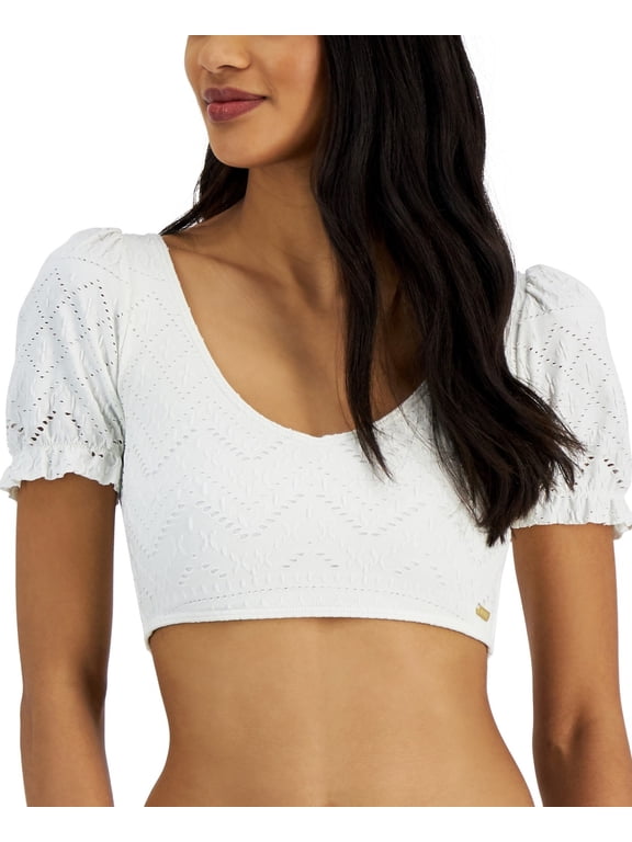 Women's Juniors Quiet Beauty Short-Sleeve Bikini Top (Bright White, Large)