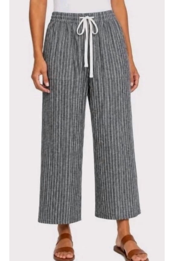 Women's Large Linen Blend Striped Cropped Pant, Black