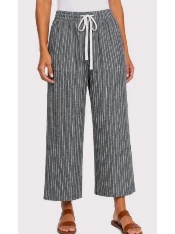 Women's Large Linen Blend Striped Cropped Pant, Black