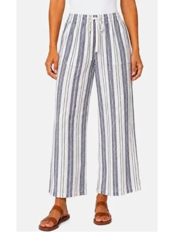 Women's Linen Blend Striped Crop Pants, Blue