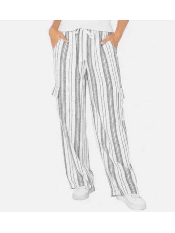 Women's Linen Cargo Pants Black & White Striped 30" Inseam, Small