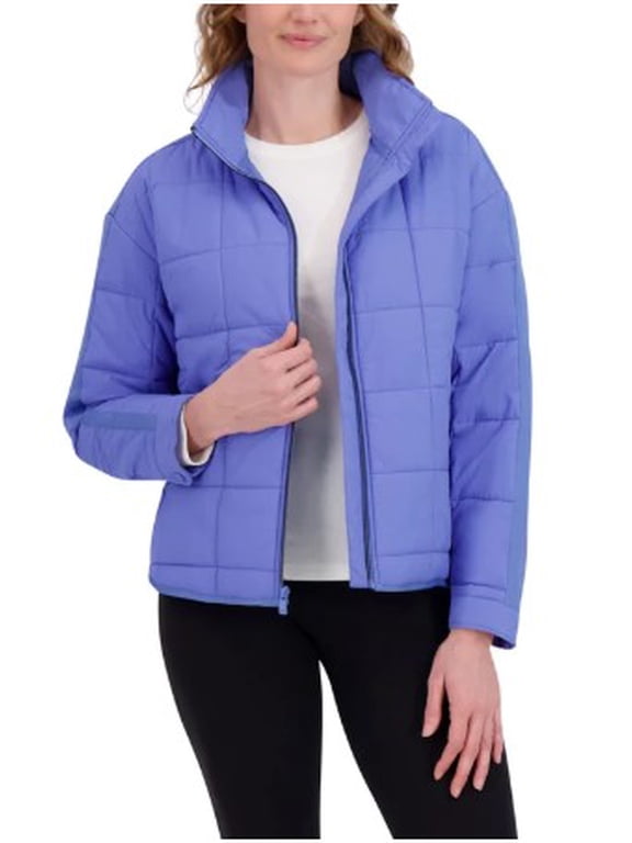 Womens Quilted Puffer Jacket, Full Zip, Blue, Size Large