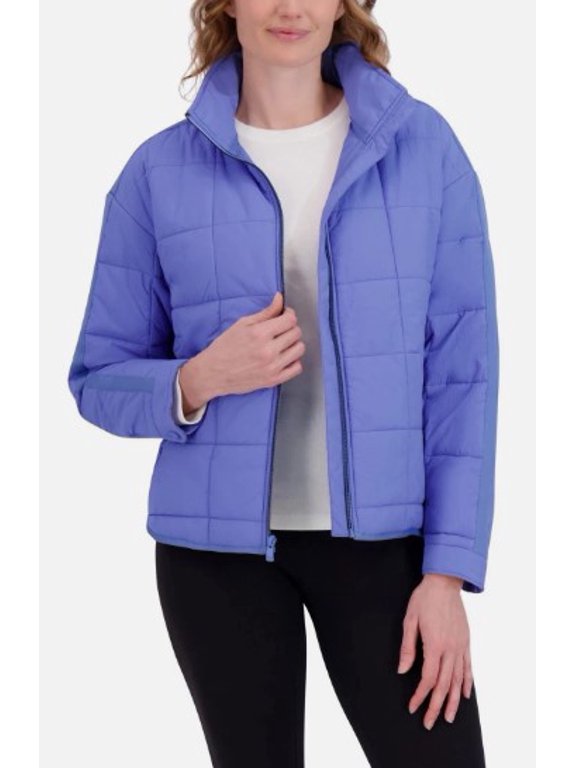 Womens Quilted Puffer Jacket, Full Zip, Blue, Size Medium