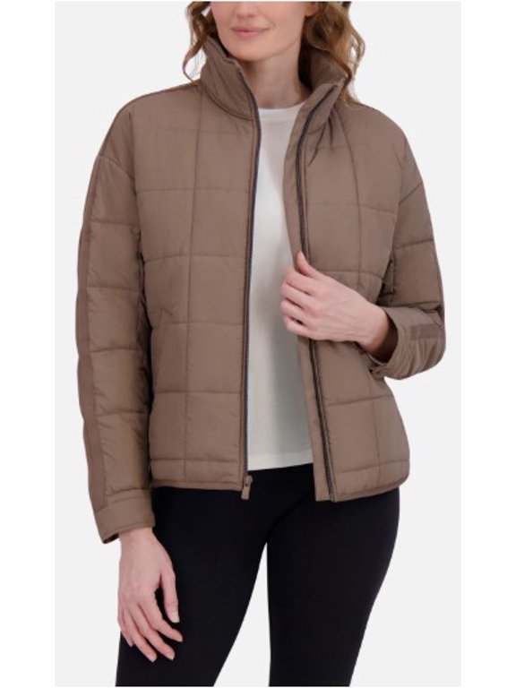 Womens Quilted Puffer Jacket, Full Zip, Brown, Size Medium