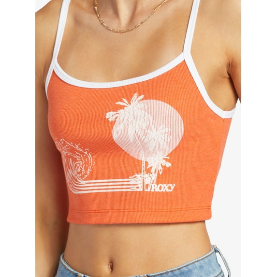 Roxy Women's Retro Surf Muscle Cropped Ribbed Sleeveless Tank Top Tee T-Shirt (XX-Large, Orange/White)