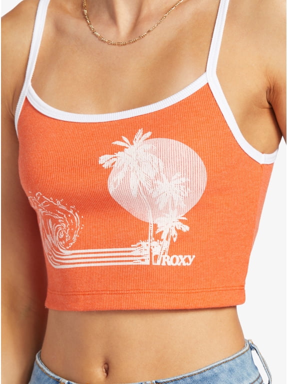 Women's Retro Surf Muscle Cropped Ribbed Sleeveless Tank Top Tee T-Shirt (XX-Large, Orange/White)