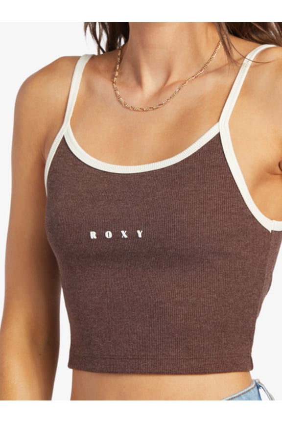 Women's Roxify Embroidered Logo Cropped Ribbed Tank Top Tee T-Shirt (Medium, Chocolate)