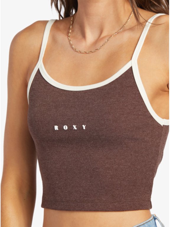 Women's Roxify Embroidered Logo Cropped Ribbed Tank Top Tee T-Shirt (Small, Chocolate)