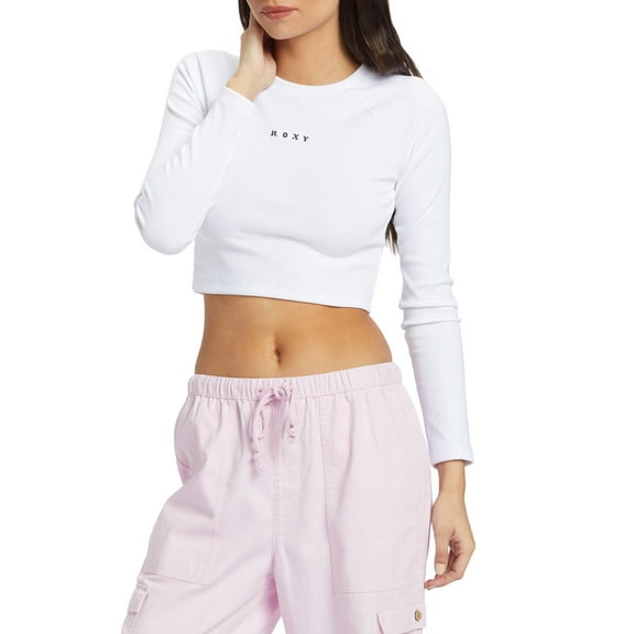 Roxy Women's Roxify Rib Embroidered Logo Long Sleeve Crop Tee T-Shirt in White (XX-Large, White)