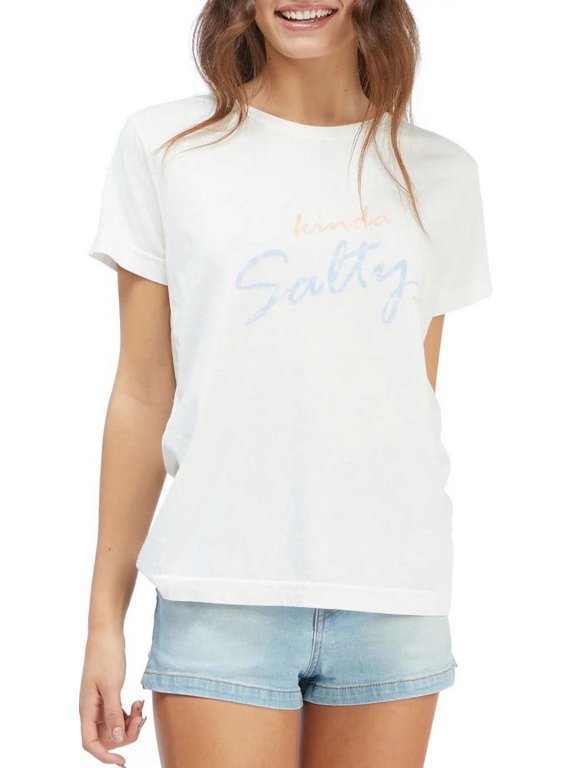 Women's Salty Script Oversized Relaxed Loose Fit Tee T-Shirt (Small, Snow White)