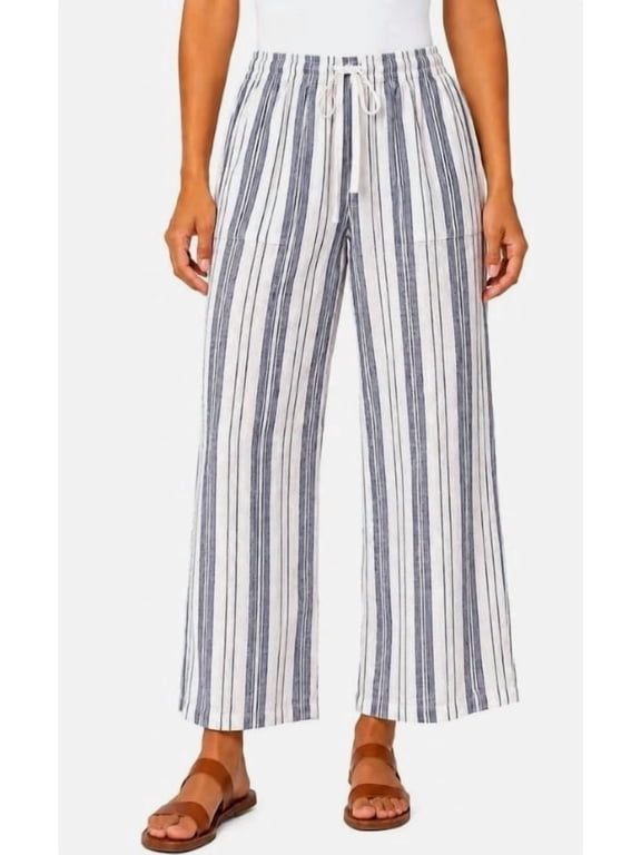 Women's Small Linen Blend Striped Crop Pant, Blue