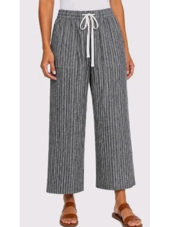 Women's Small Linen Blend Striped Cropped Pant, Black and White