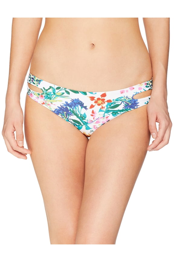 Women's Standard Solid Softly Love Reversible 70s Bikini Bottom, Bright White Floral Soiree, S