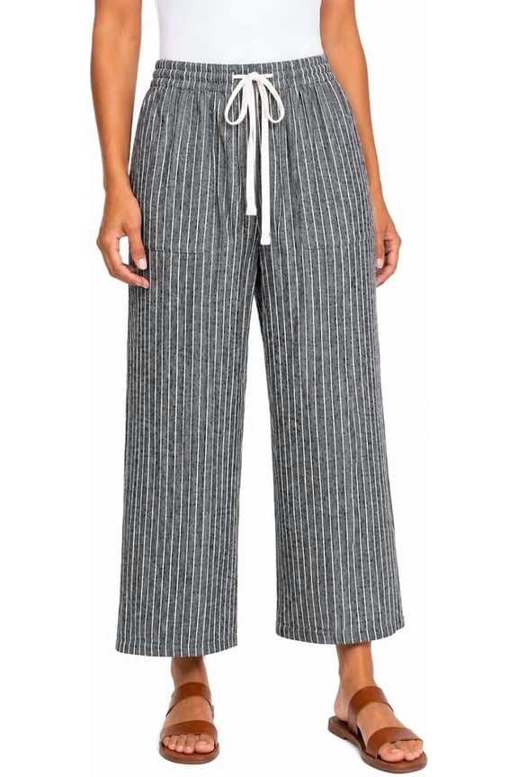 Women's Striped Linen Blend Pull On Crop Pant | Black Stripes, Medium