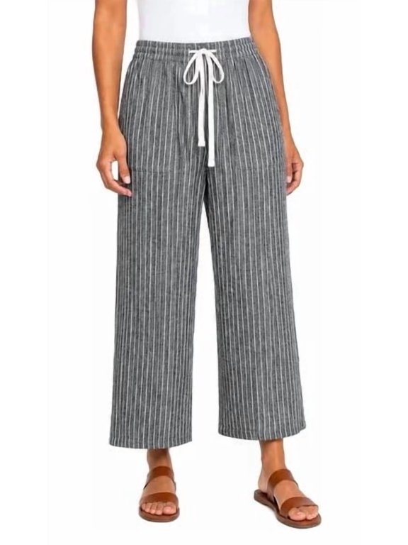 Women's Striped Linen Blend Pull On Crop Pant, Black Stripes