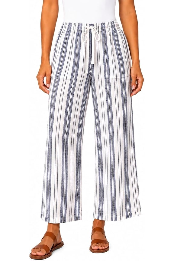 Women's Striped Linen Blend Pull On Crop Pant | Blue Stripes, Large