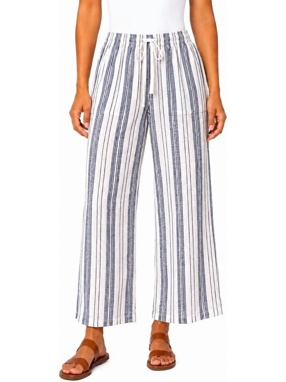 Women's Striped Linen Blend Pull On Crop Pant | Blue Stripes, Large