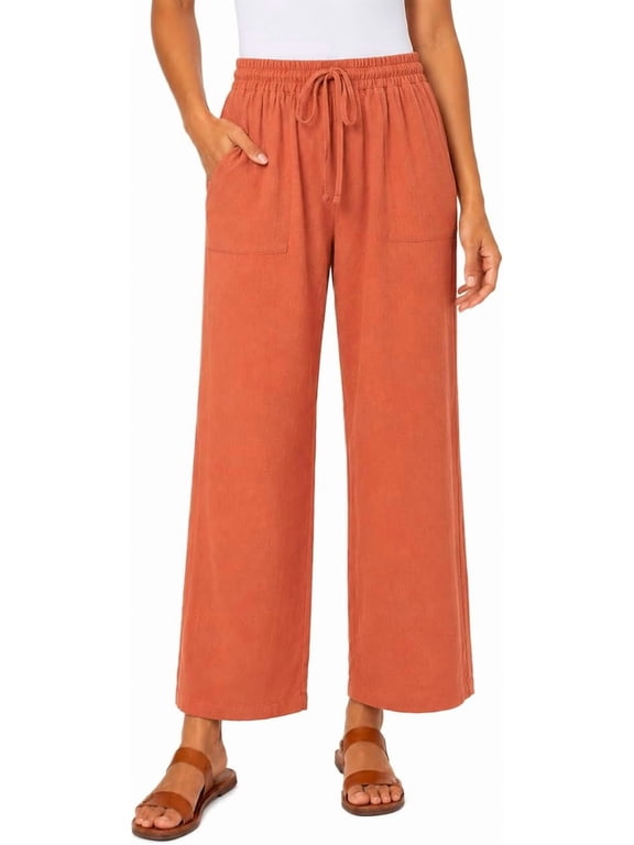 Women's Striped Linen Blend Pull On Crop Pant | Red, Medium
