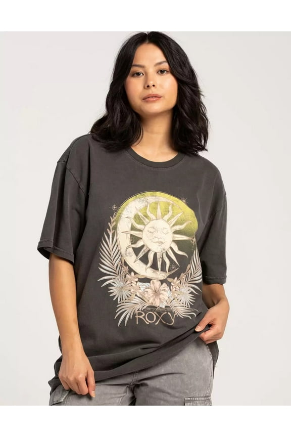 Women's Sun and Moon Graphic Tee T-Shirt (Small, Off Black)