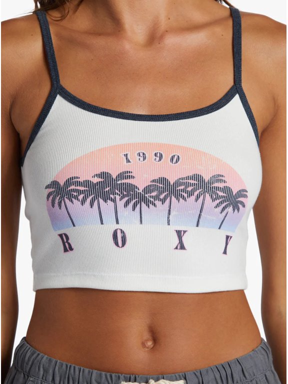 Women's Sunset Palm Distressed Graphic Cropped Ribbed Tank Top Tee T-Shirt (Large, Snow White)