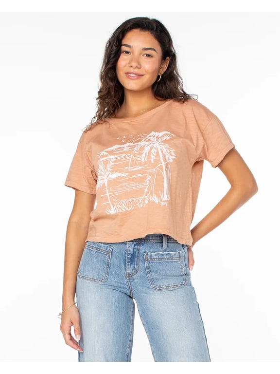 Women's T-Shirt Beach Sketch Cotton Jersey Slub Short Sleeve Tee Top (Small, Burnt Peach)
