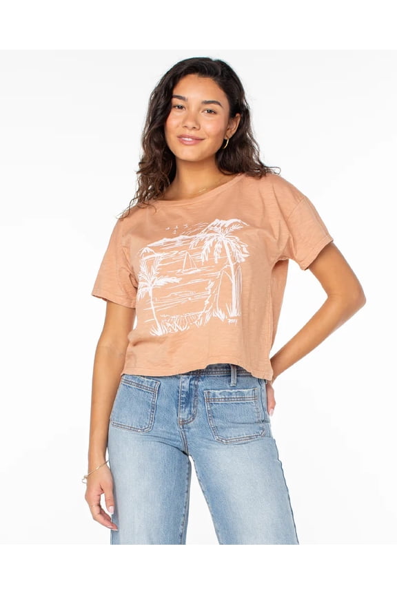 Women's T-Shirt Beach Sketch Cotton Jersey Slub Short Sleeve Tee Top (Small, Burnt Peach)