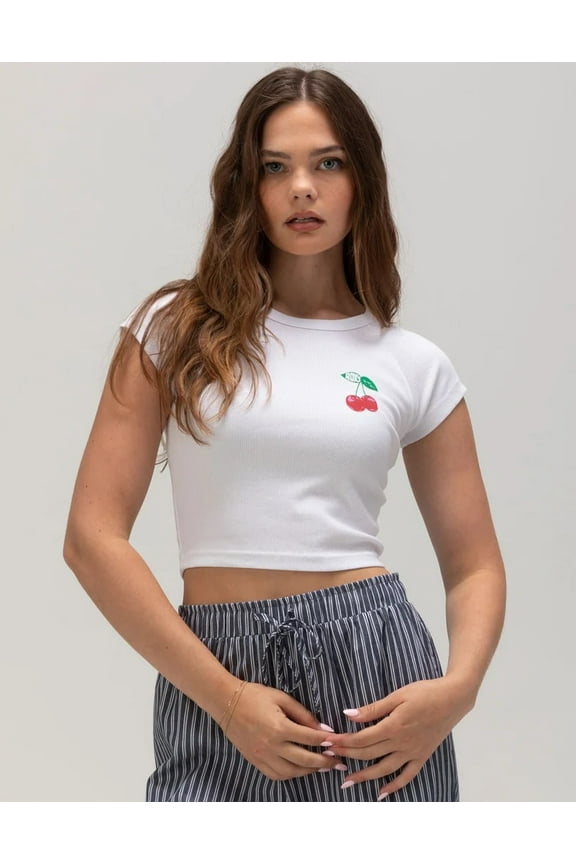 Women's T-Shirt Cherries Ribbed Knit Cap Sleeve Cropped Raglan Tee Top (Small, White)