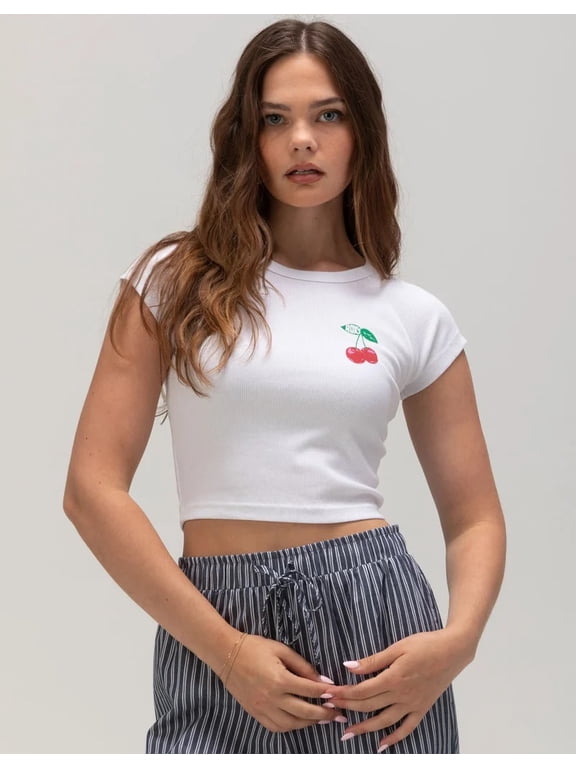 Women's T-Shirt Cherries Ribbed Knit Cap Sleeve Cropped Raglan Tee Top (X-Small, White)