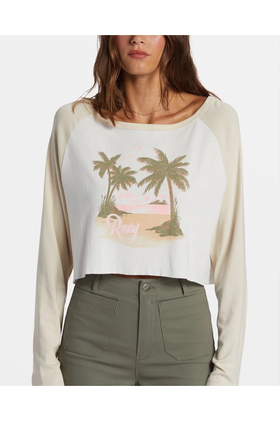 Women's T-Shirt Moonlight Oasis Boyfriend Relaxed Fit Long Sleeve Tee (Medium, White/Cream)