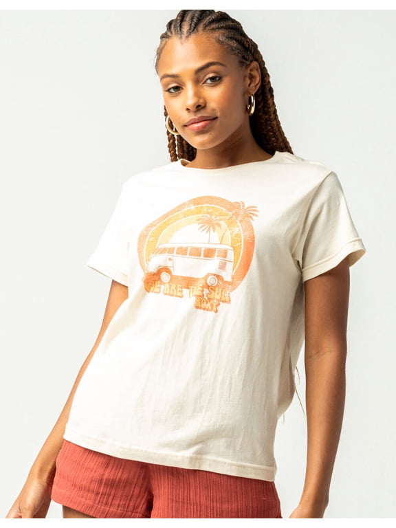 Women's Vintage Rainbow Van Distressed Graphic Tee T-Shirt - Tapioca (Large)