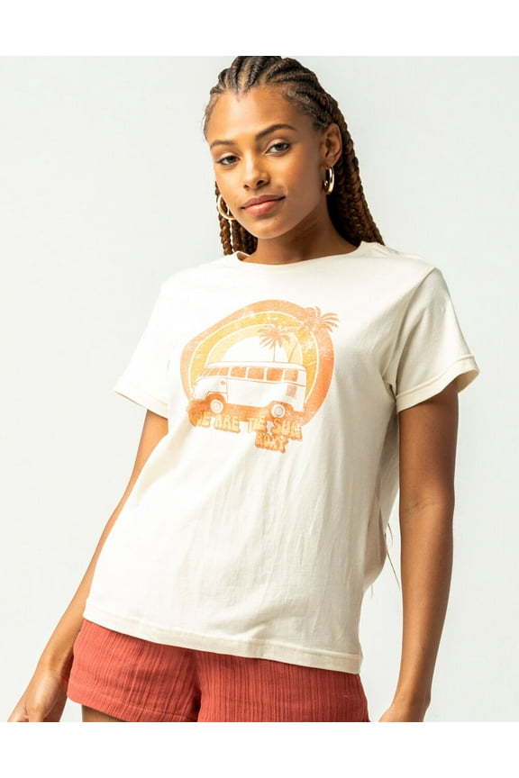 Women's Vintage Rainbow Van Distressed Graphic Tee T-Shirt - Tapioca (Medium)