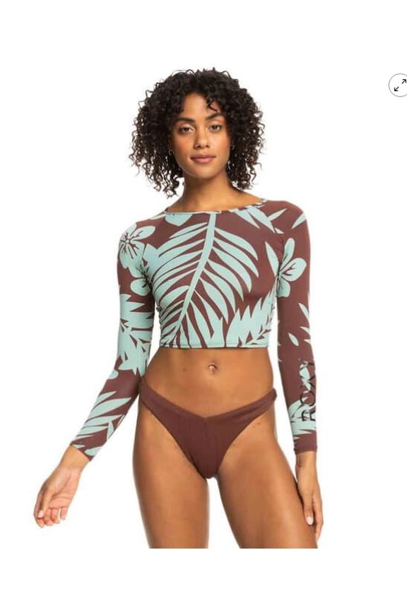 Womens Crop Top Long Sleeve Rashguard, Brown, Medium