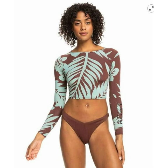 Roxy Womens Crop Top Long Sleeve Rashguard, Brown, Medium