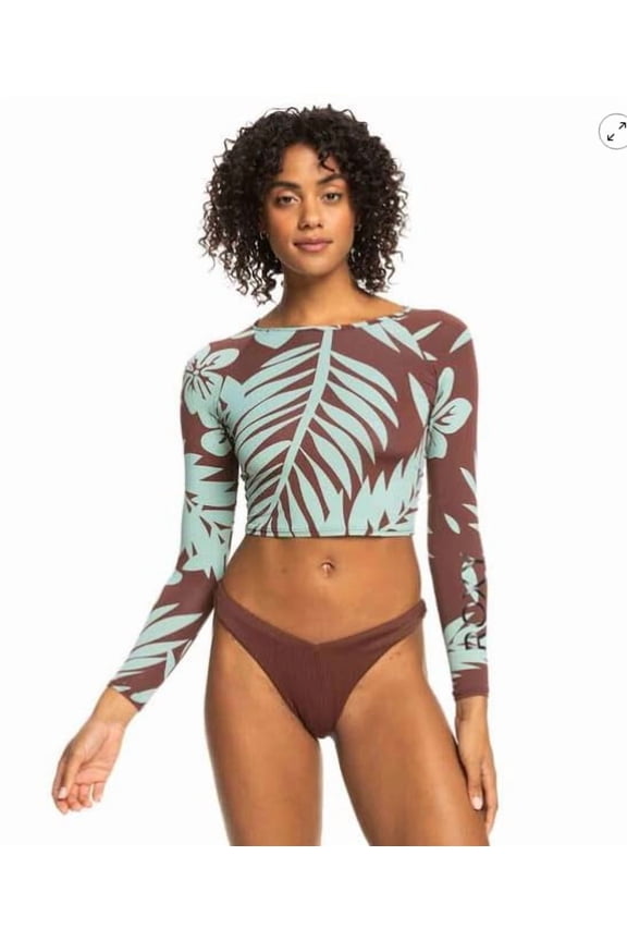 Womens Crop Top Long Sleeve Rashguard, Brown, Medium