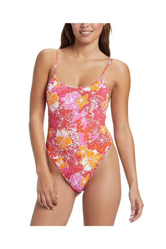 Womens Juniors Sea Spray Floral Print Scoop Neck One-Piece Swimsuit