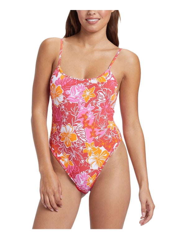 Womens Juniors Sea Spray Floral Print Scoop Neck One-Piece Swimsuit