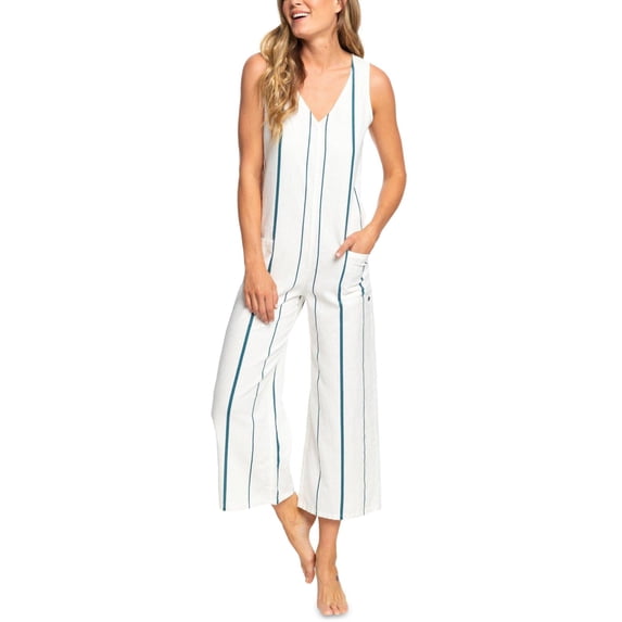 Roxy Womens Juniors Striped Pockets Jumpsuit White M