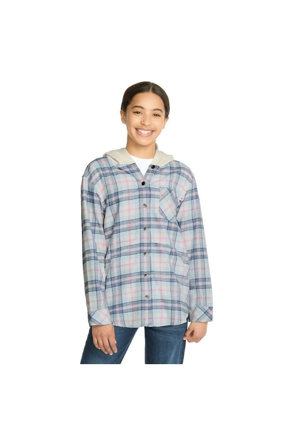 Youth Girls Flannel Plaid Button Down Hoodie (Blue, L, Female)