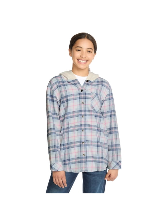 Youth Girls Flannel Plaid Button Down Hoodie (Blue, M, Female)